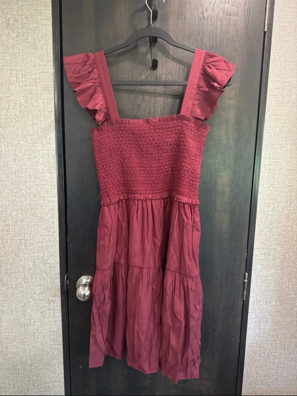 Joy Joy Smocked Ruffle Strap Tiered Mini Dress in Wine Red